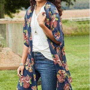 Matilda Jane Women's Watch the Sunrise Kimono Blue Floral Sheer Size XS/S NWT